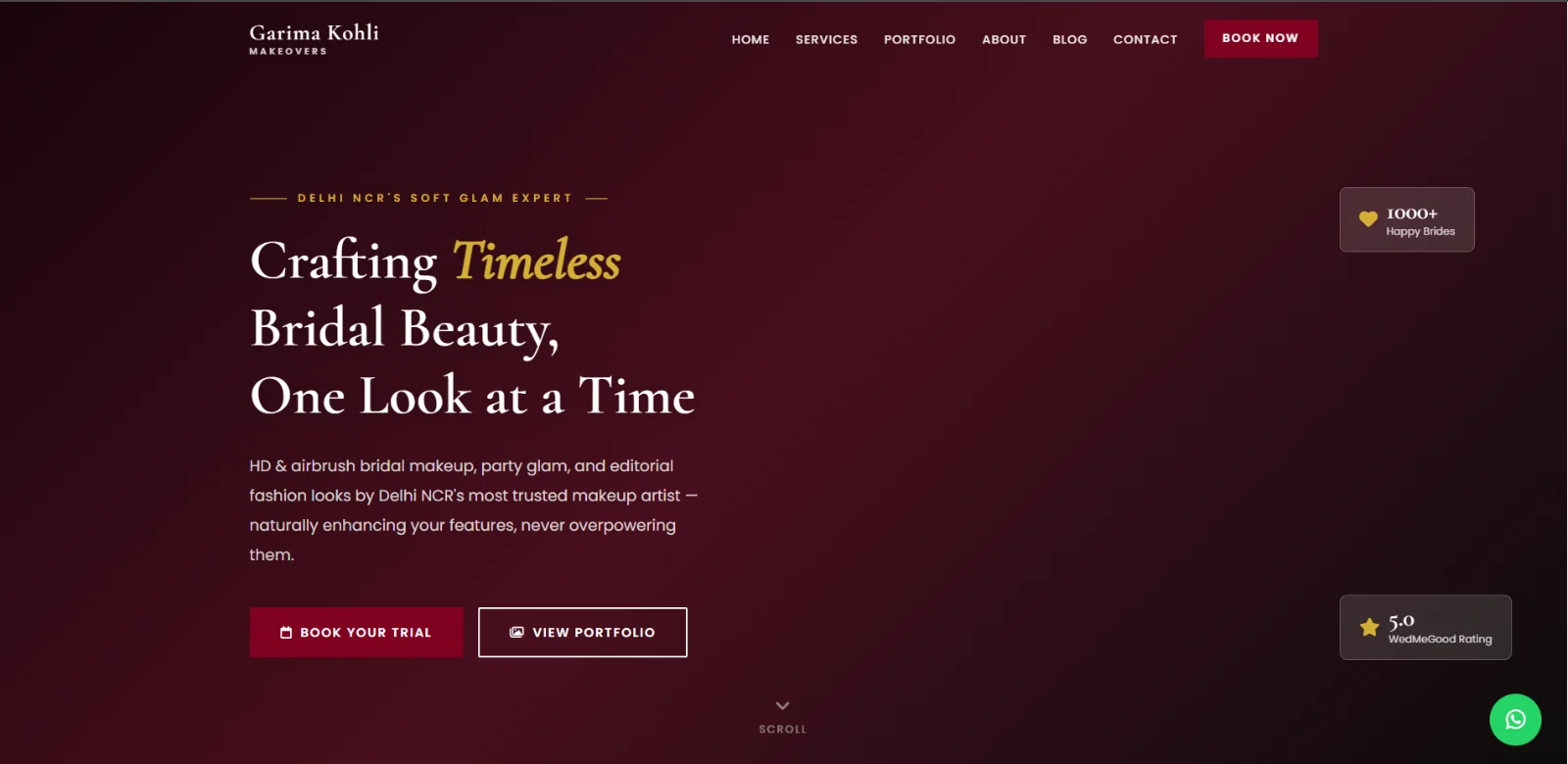 Makeup artist website home page for Garima Kohli Makeovers with a maroon and gold hero, Book Your Trial button and 5.0 WedMeGood rating badge