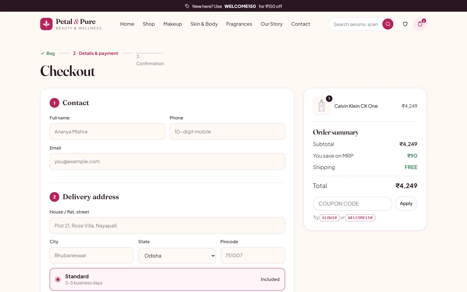 Guided checkout on a beauty store with contact and delivery address steps, delivery options, an order summary and a coupon code field