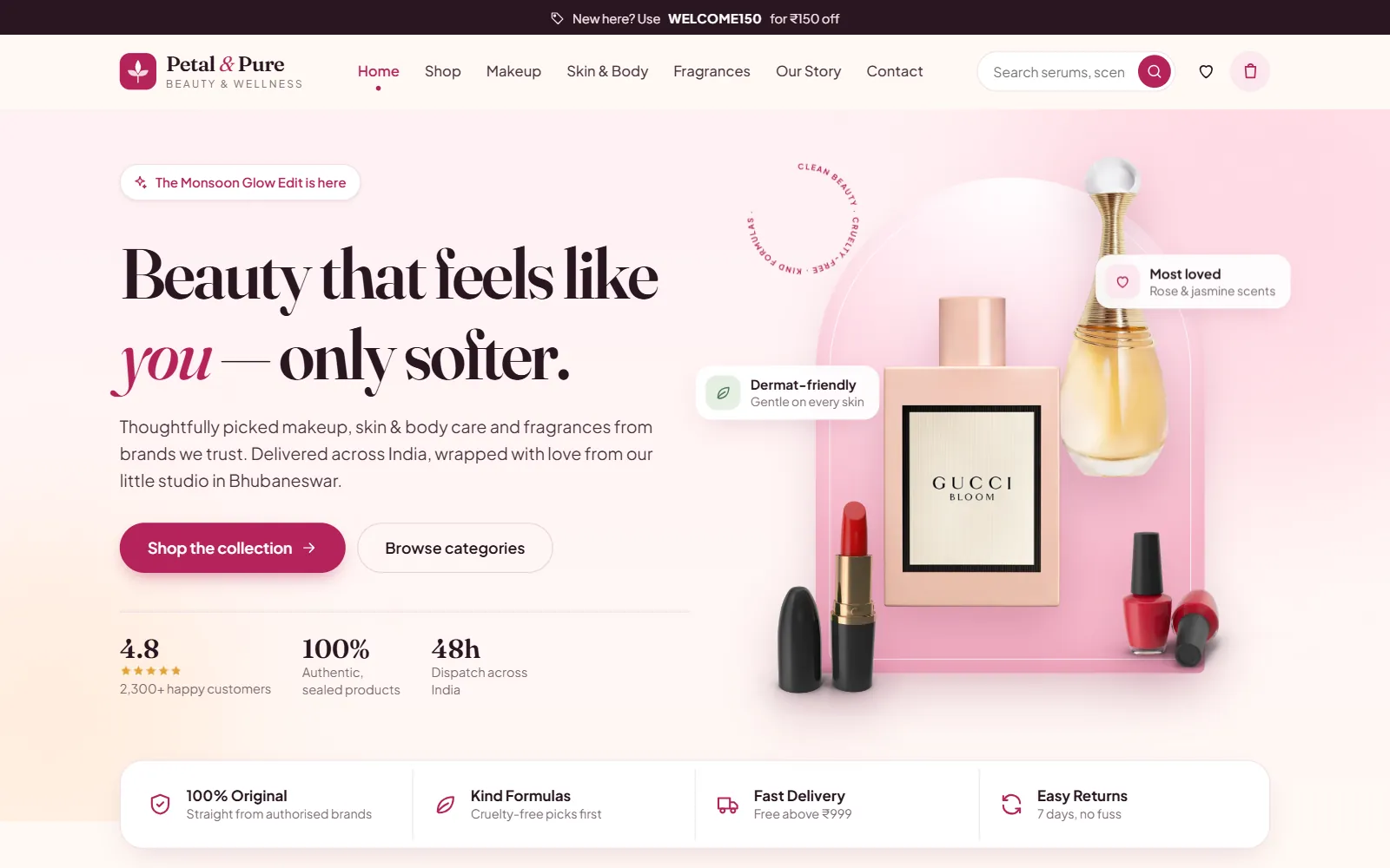 Beauty and cosmetics online store home page for Petal & Pure with a soft pink hero, perfume, lipstick and nail polish, and Shop the collection and Browse categories buttons