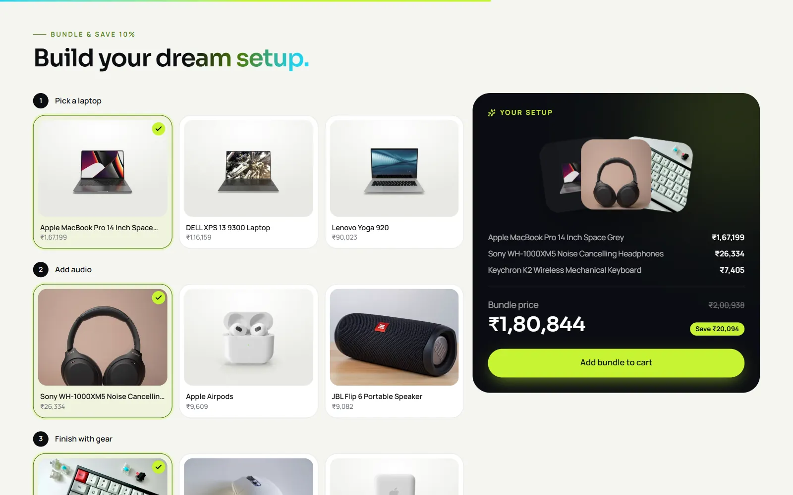Bundle builder on an electronics store where the shopper picks a laptop, headphones and a keyboard, with the bundle price and 10% saving shown