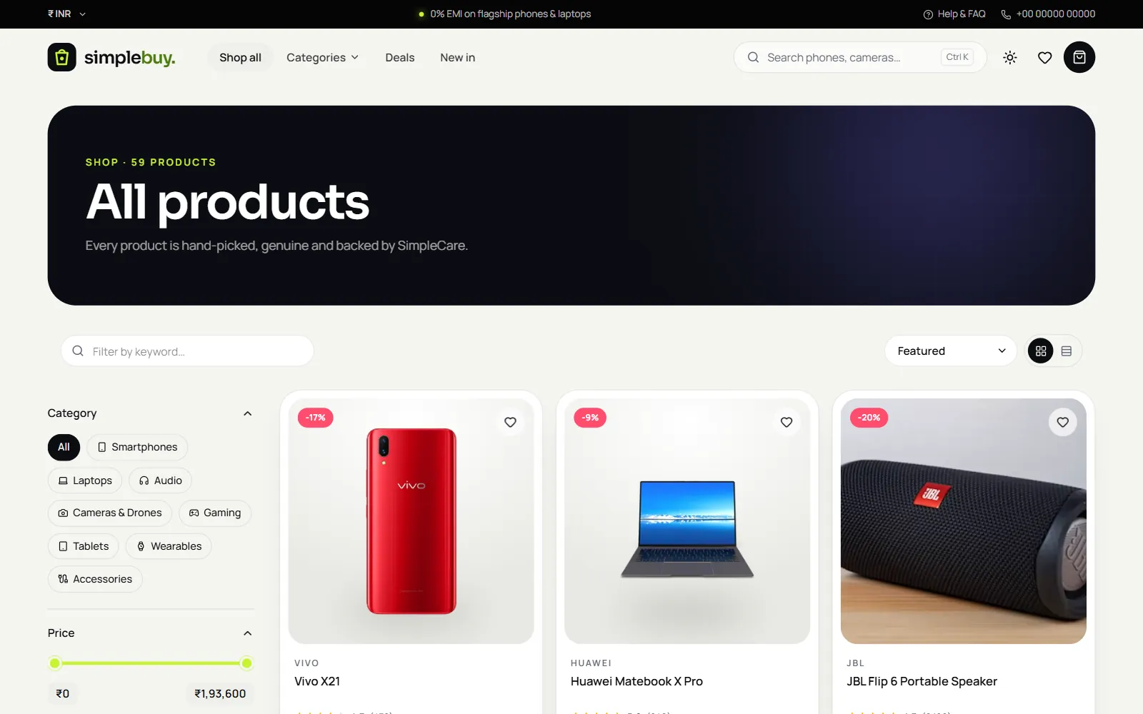 Electronics shop catalogue with category filters for smartphones, laptops, audio, cameras and drones, gaming, tablets and wearables, a price slider and product cards