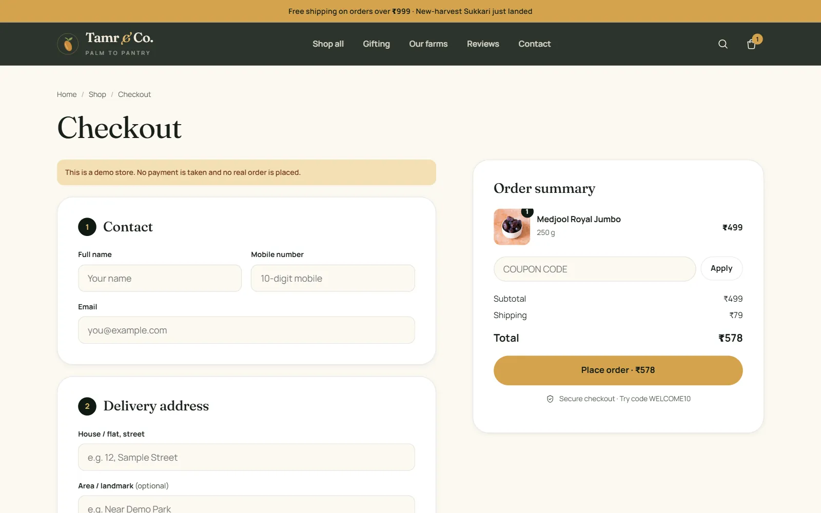 Step-by-step checkout for a dates online store with contact and delivery address steps, an order summary and a coupon code field