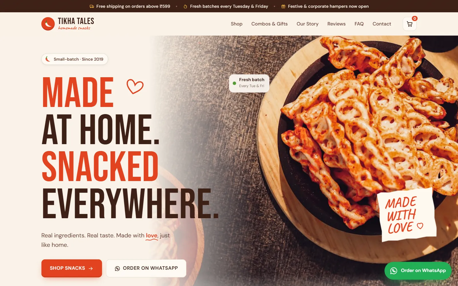 Homemade snacks website home page for Tikha Tales with a bold Made at home, Snacked everywhere headline, a plate of spicy snacks and Shop snacks and Order on WhatsApp buttons