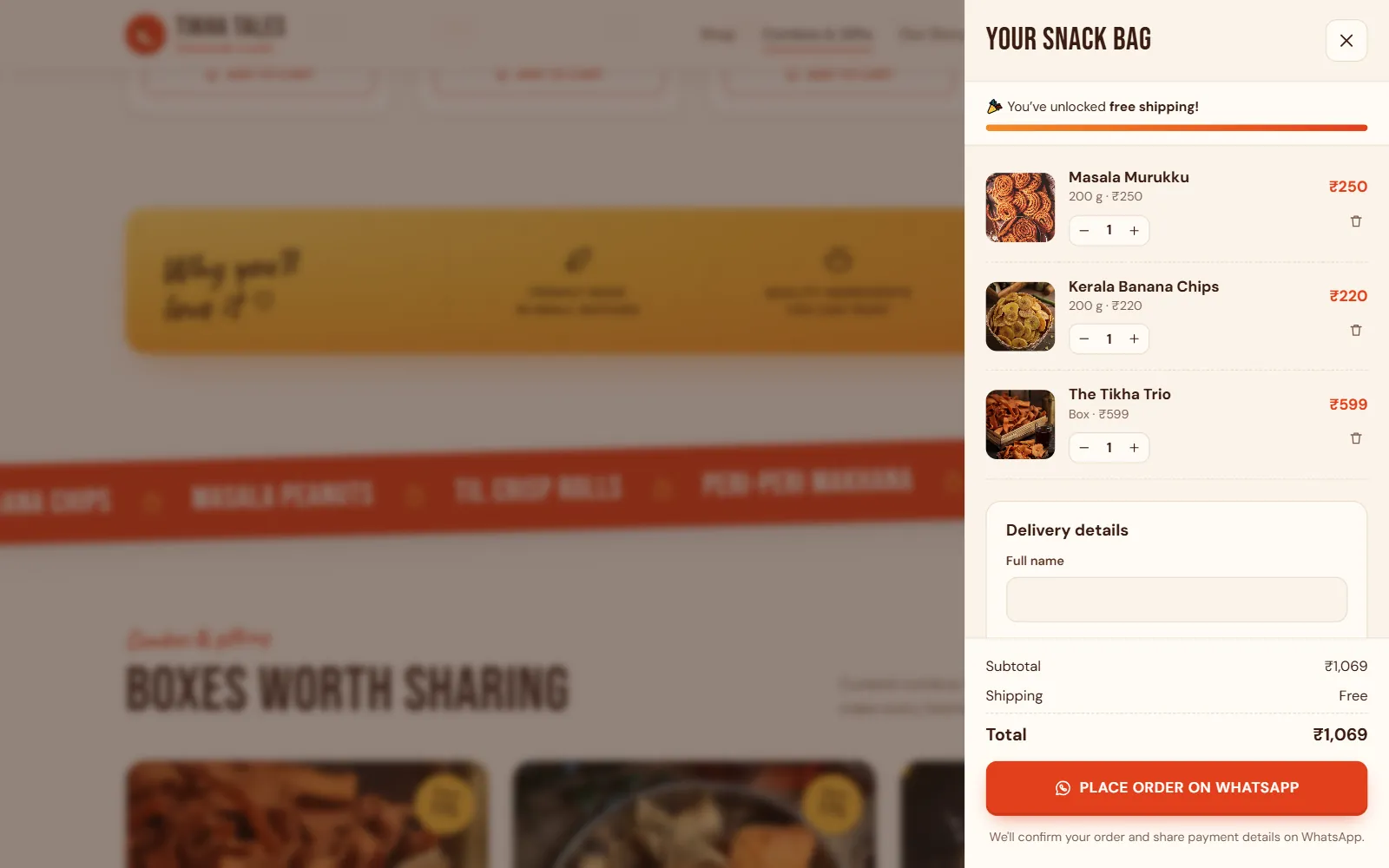 Slide-out snack bag with a free shipping progress bar, chosen snacks and a combo box, delivery details and a Place order on WhatsApp button